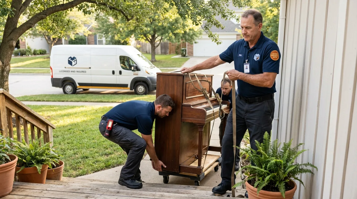 Licensed piano movers securing grand piano in Dunnigan, CA