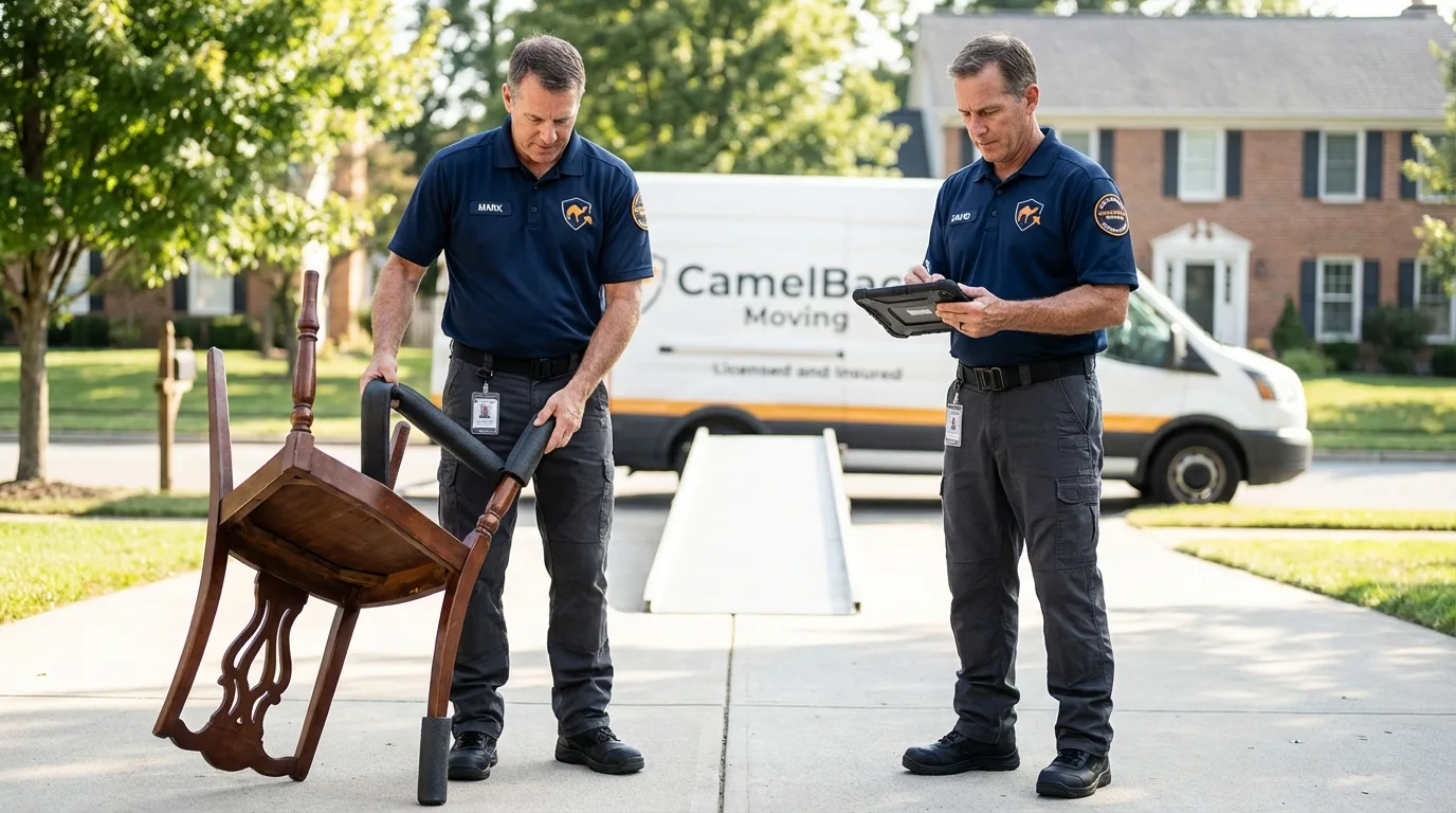 Movers inspecting furniture for damage prevention before loading in Dunnigan, CA