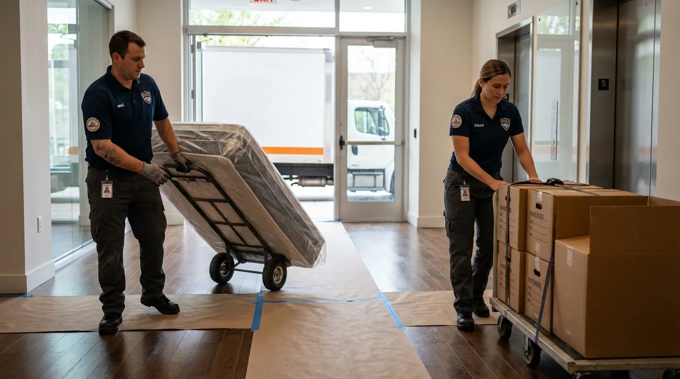 Professional apartment movers loading elevator in Dunnigan, CA